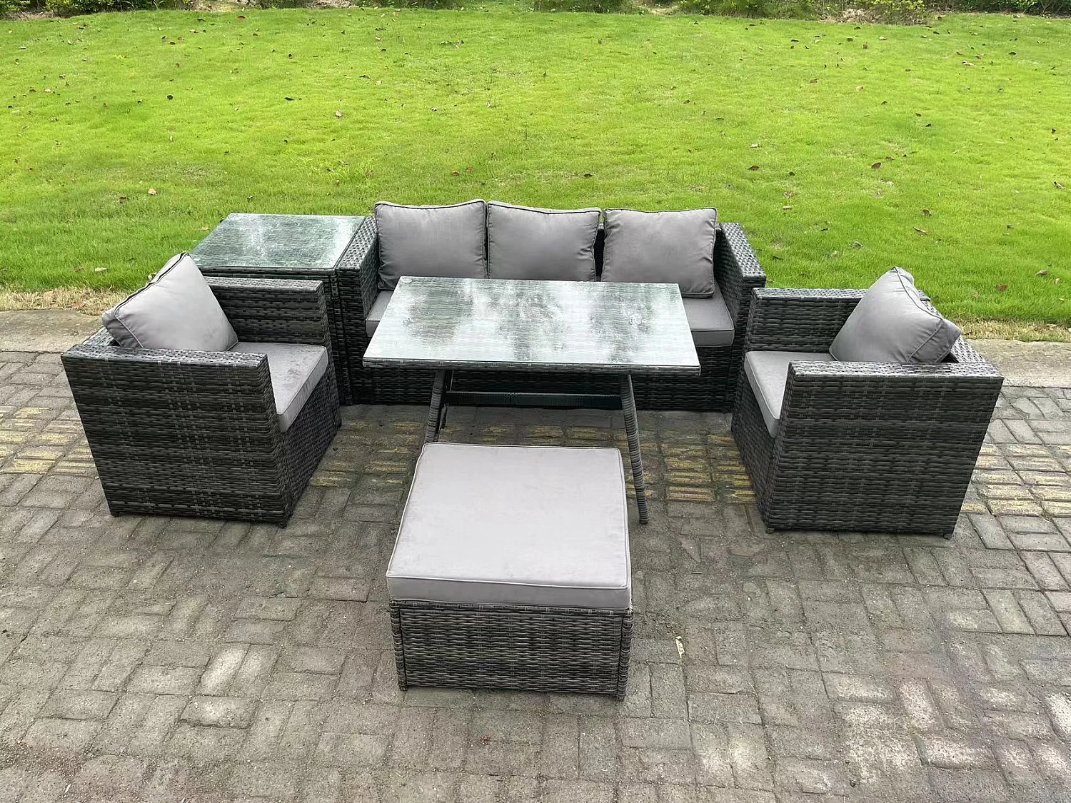 6-Sitzer Gartenmöbel Lounge Sofa Set mit Sofa Rechteckiger Esstisch 2 Sesseln Hocker Dunkelgrau Gemischt