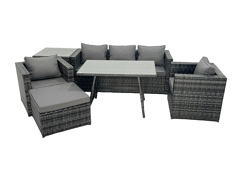 6-Sitzer Gartenmöbel Lounge Sofa Set mit Sofa Rechteckiger Esstisch 2 Sesseln Hocker Dunkelgrau Gemischt
