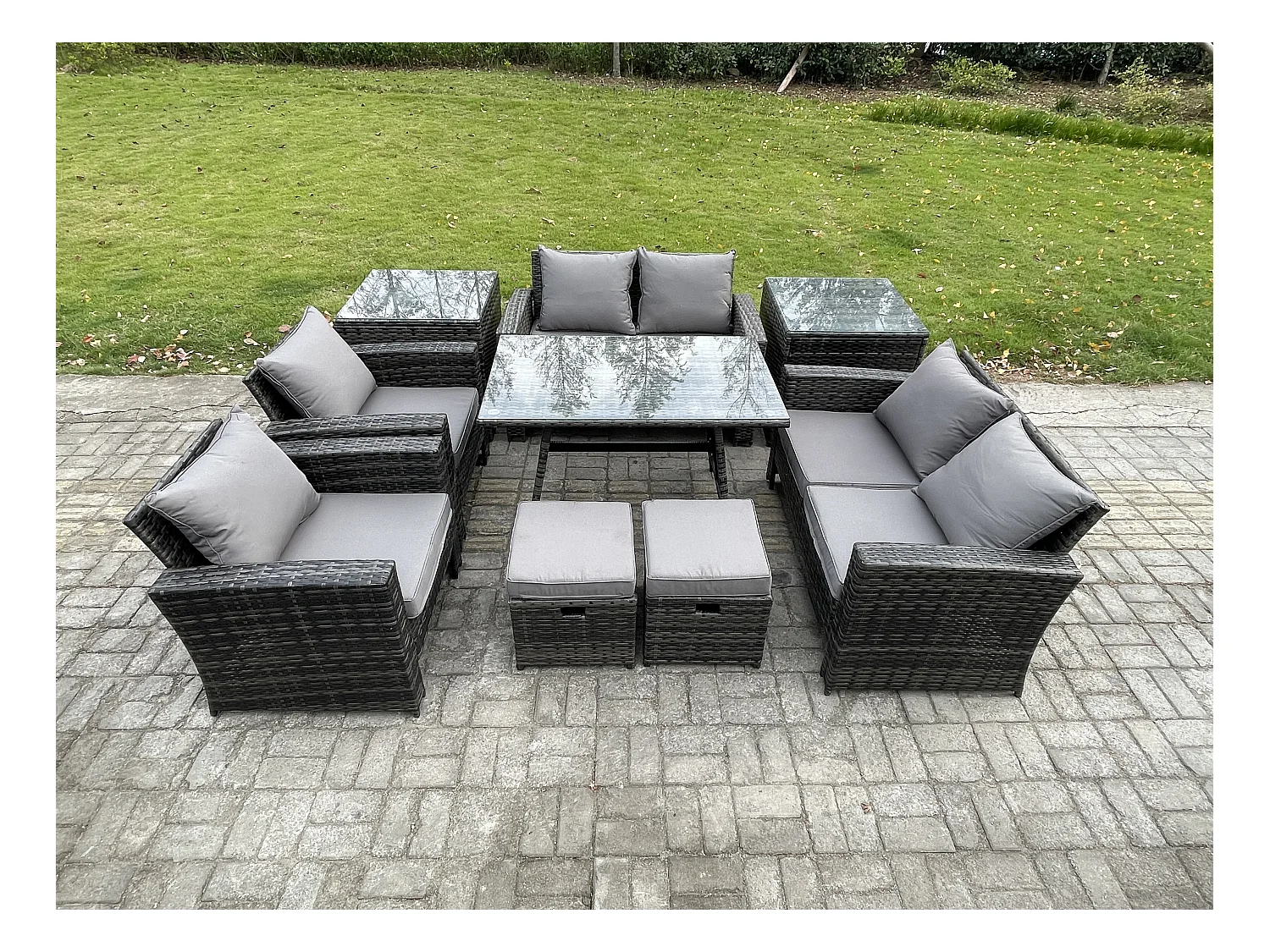 9 Pièces Ensemble de canapé en rotin extérieur avec 2 Petits tabourets 2 Tables d'appoint Gris foncé mixte