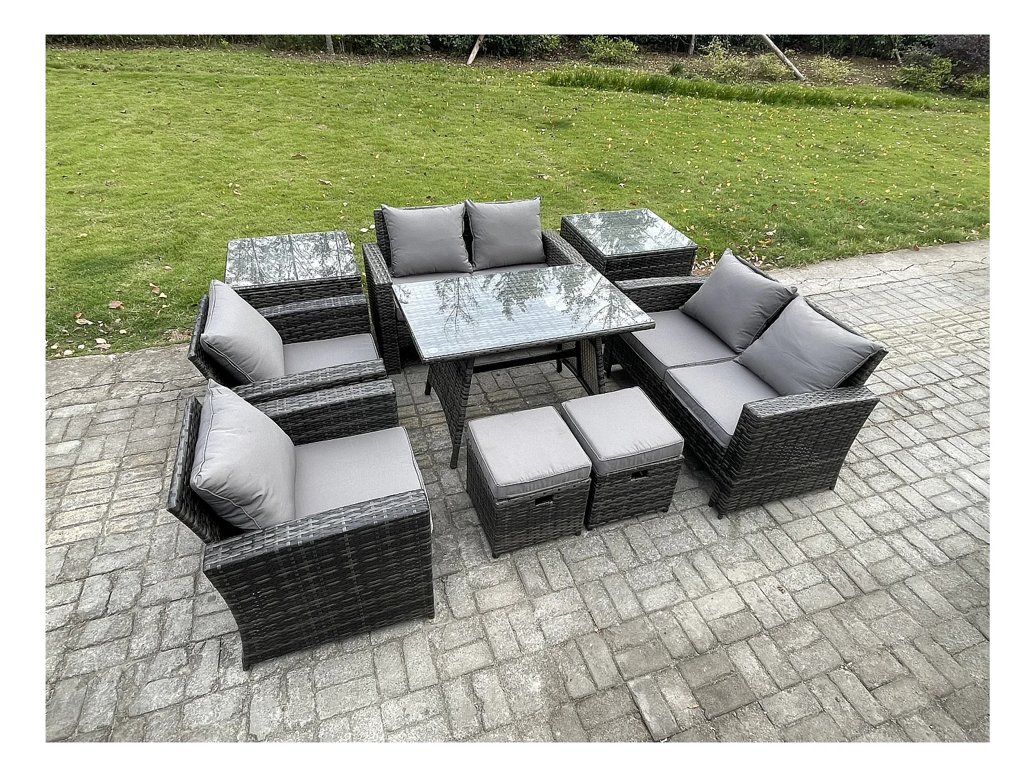 9 Pièces Ensemble de canapé en rotin extérieur avec 2 Petits tabourets 2 Tables d'appoint Gris foncé mixte