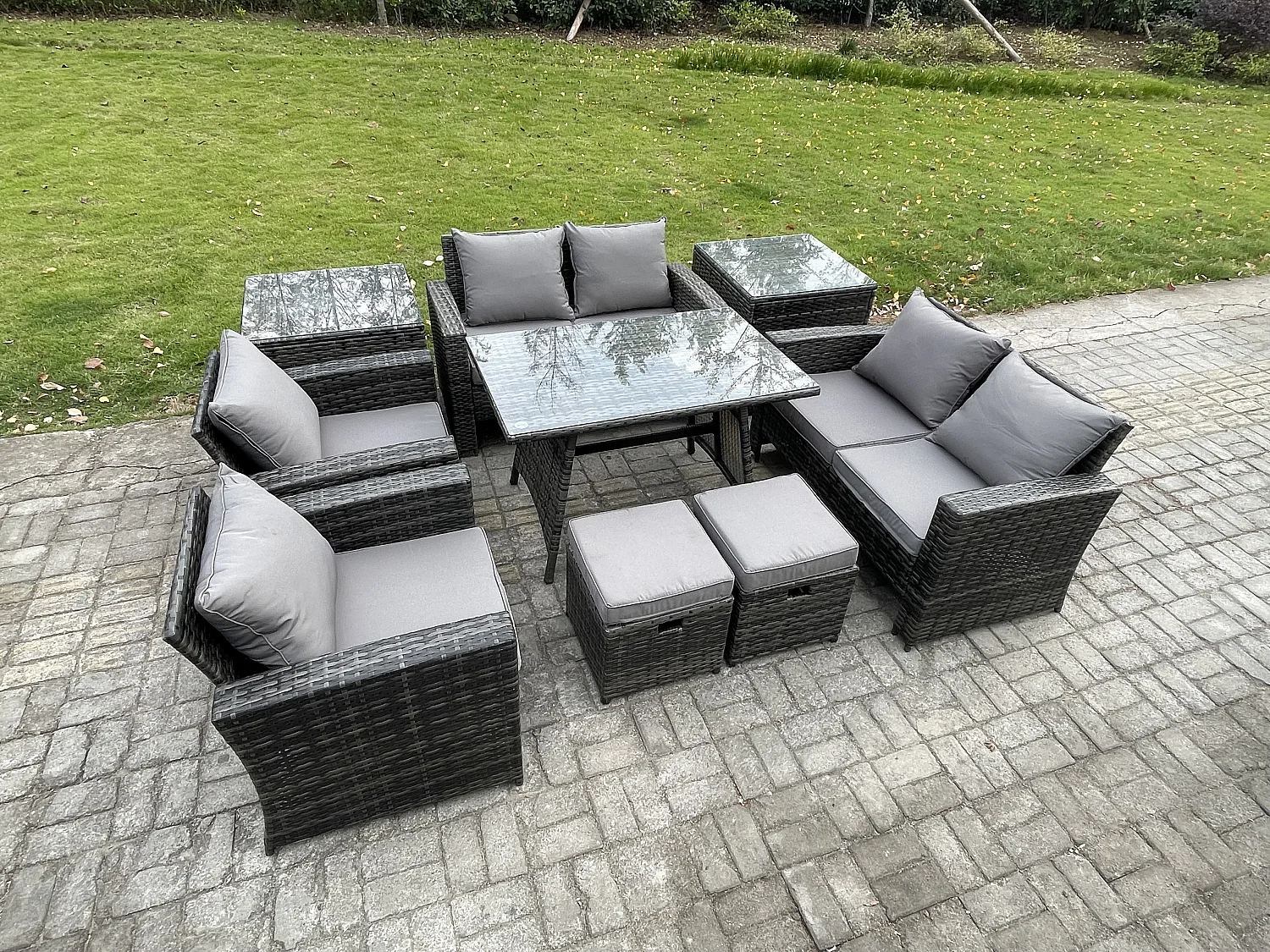 9 Pièces Ensemble de canapé en rotin extérieur avec 2 Petits tabourets 2 Tables d'appoint Gris foncé mixte