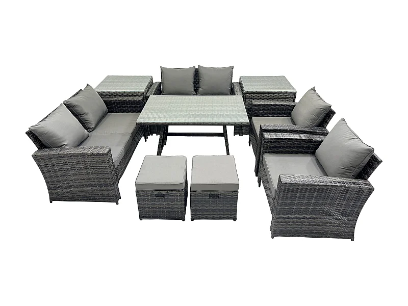 Gartenmöbelset 9 Stücke Polyrattan Garten Sofa im Freien mit 2 kleine Fußhockern 2 Beistelltischen Dunkelgrau Gemischt