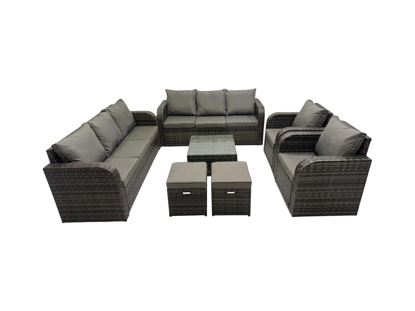 Hoher Rücken Polyrattan Gartenmöbel Set mit Quadratischer Couchtisch 2 kleine Fußhockern Garten Lounge Set Dunkelgrau Gemischt