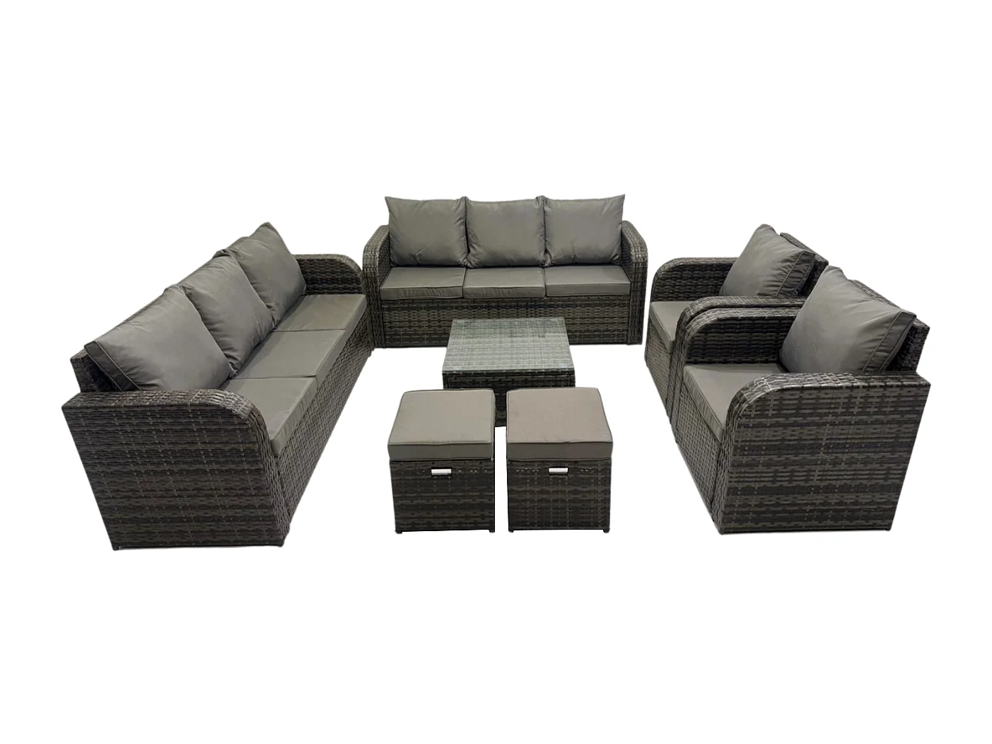 Hoher Rücken Polyrattan Gartenmöbel Set mit Quadratischer Couchtisch 2 kleine Fußhockern Garten Lounge Set Dunkelgrau Gemischt