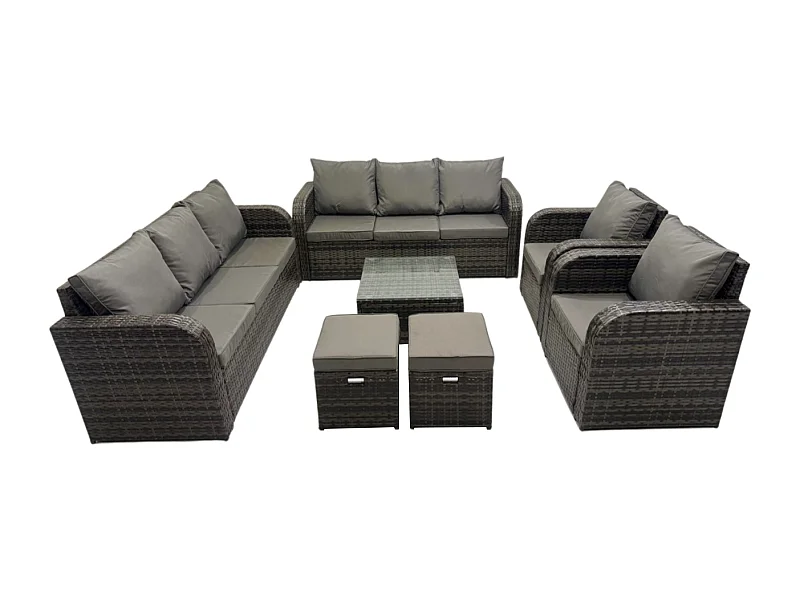 Hoher Rücken Polyrattan Gartenmöbel Set mit Quadratischer Couchtisch 2 kleine Fußhockern Garten Lounge Set Dunkelgrau Gemischt