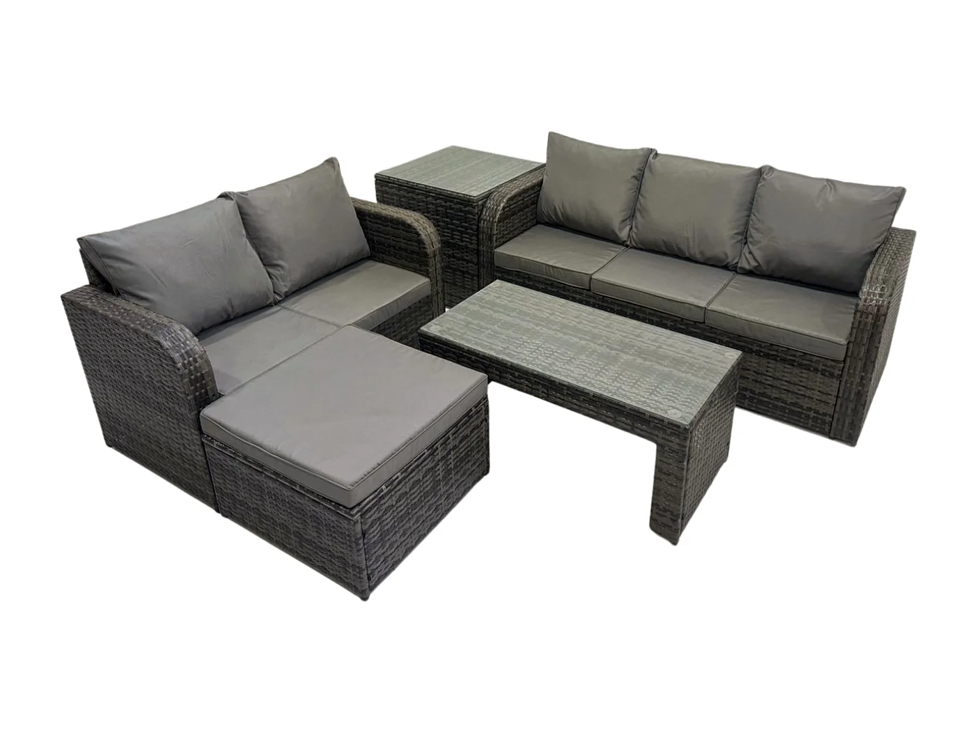 Polyrattan Gartenmöbelset Garten Lounge Set mit Rechteckiger Couchtisch Beistelltisch 2 Großer Hockern Dunkelgrau Gemischt
