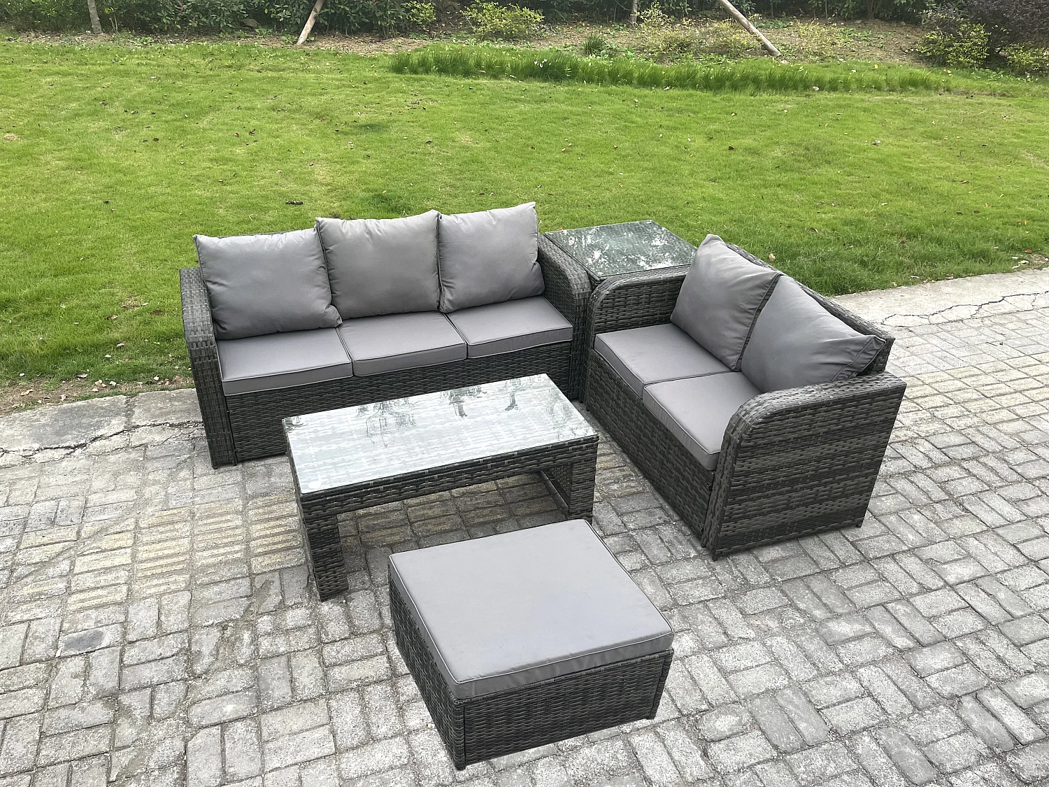 Polyrattan Gartenmöbelset Garten Lounge Set mit Rechteckiger Couchtisch Beistelltisch 2 Großer Hockern Dunkelgrau Gemischt