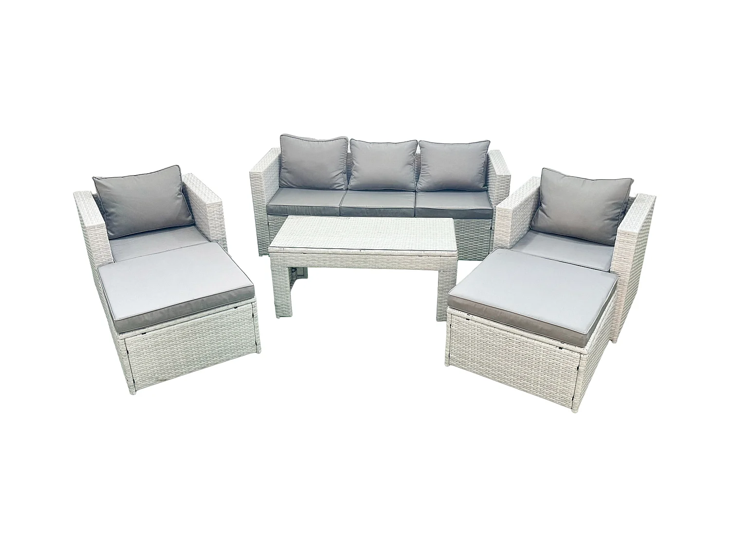 Salon de jardin 7 places Canapé de jardin 2 Chaises Table basse oblongue avec 2 Stools Gris clair mixte