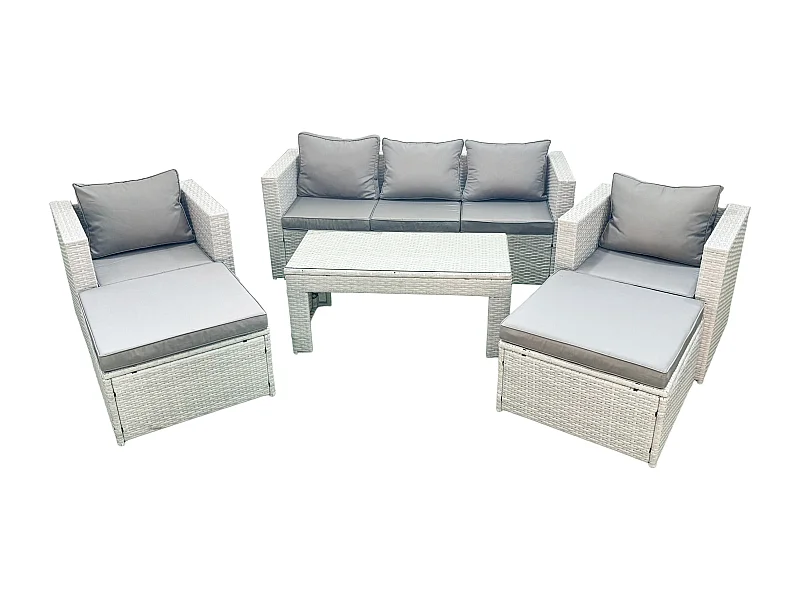 Salon de jardin 7 places Canapé de jardin 2 Chaises Table basse oblongue avec 2 Stools Gris clair mixte