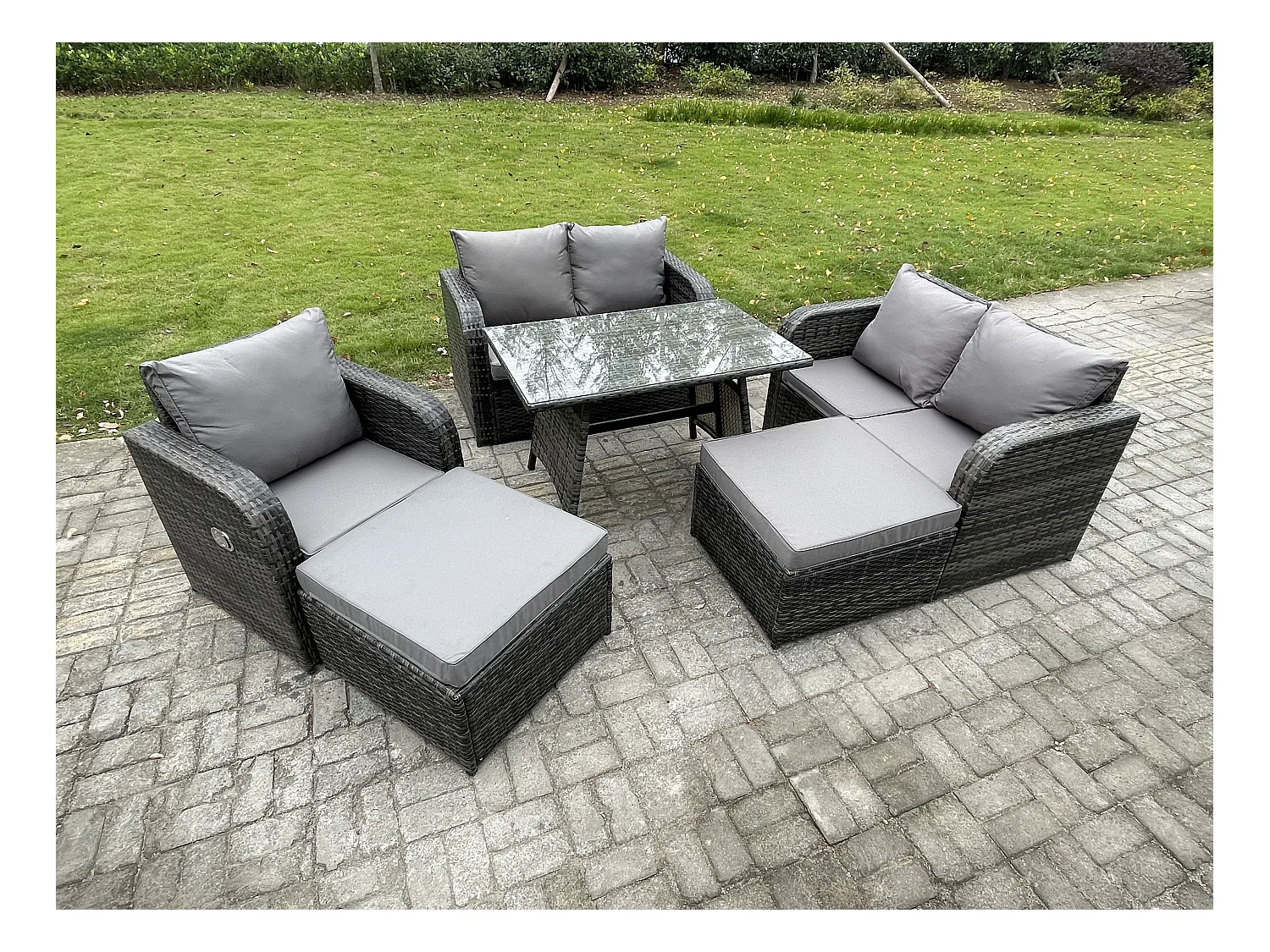 Ensemble de meubles de jardin en polyrotin 7 places avec 2 Grand tabourets Gris foncé mixte