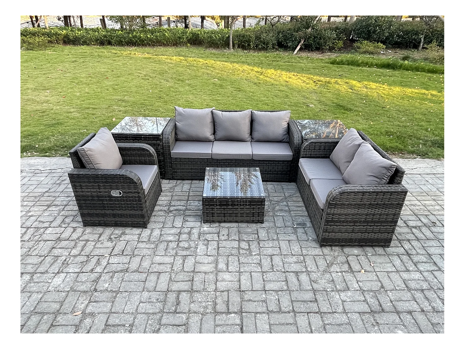 Meubles de jardin en rotin 6 Pièces avec Table basse carrée Chaise inclinable Canapé d'amour 2 Tables d'appoint