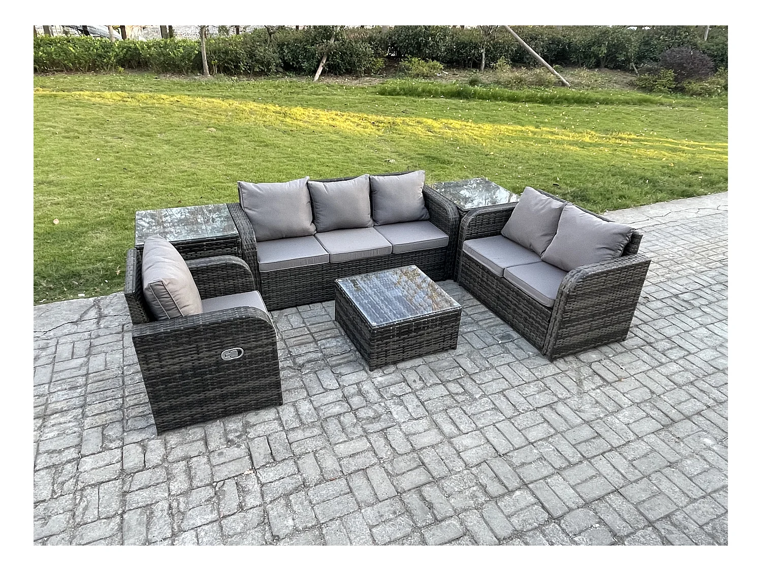 Meubles de jardin en rotin 6 Pièces avec Table basse carrée Chaise inclinable Canapé d'amour 2 Tables d'appoint