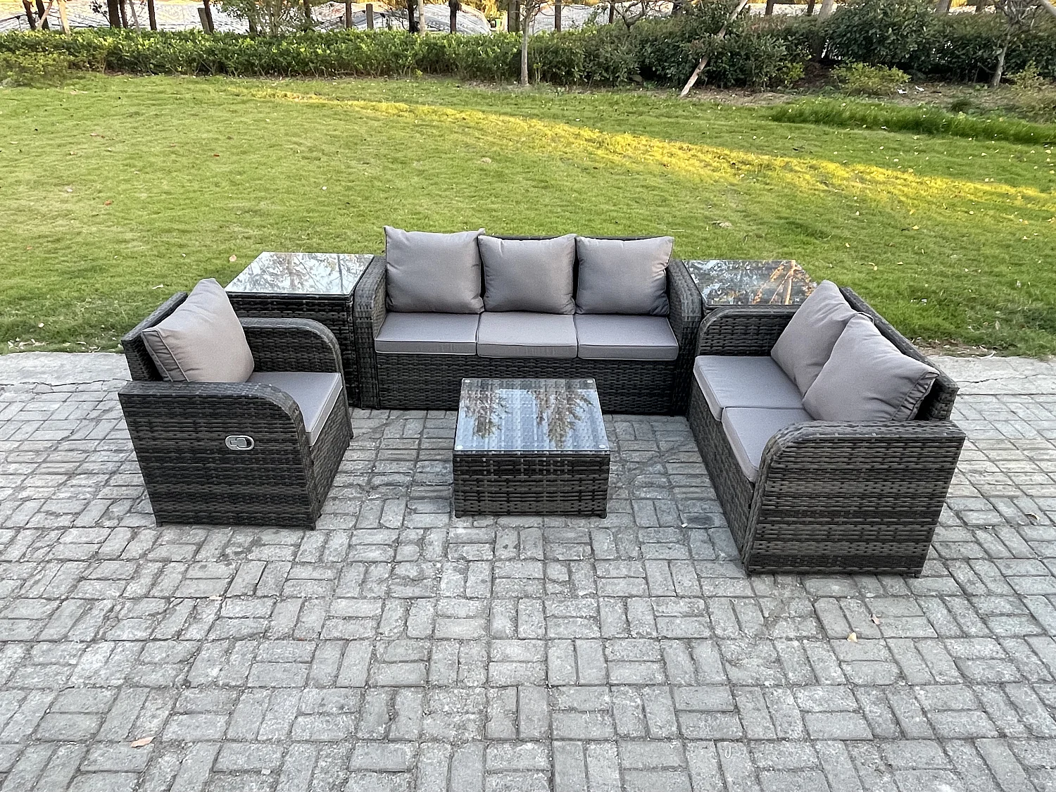 Rattan-Gartenmöbel 6 Stück Terrassenset mit Tisch und Sofa Quadratischer Couchtisch Liegestühle Loveseat sofa 2 Beistelltischen