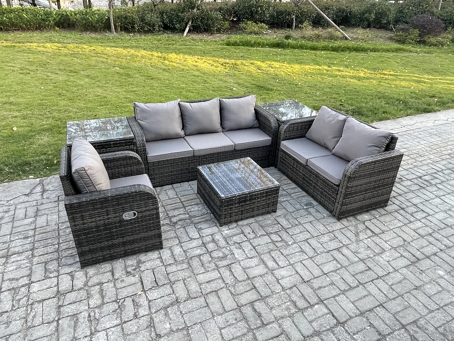 Rattan-Gartenmöbel 6 Stück Terrassenset mit Tisch und Sofa Quadratischer Couchtisch Liegestühle Loveseat sofa 2 Beistelltischen