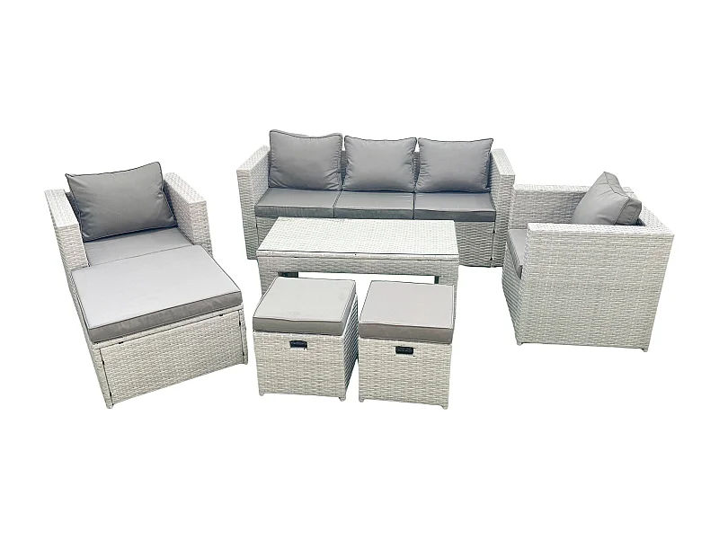 Salon de jardin 8 places Canapé de jardin Table basse oblongue avec 2 Chaises 3 Tabourets Gris clair mixte