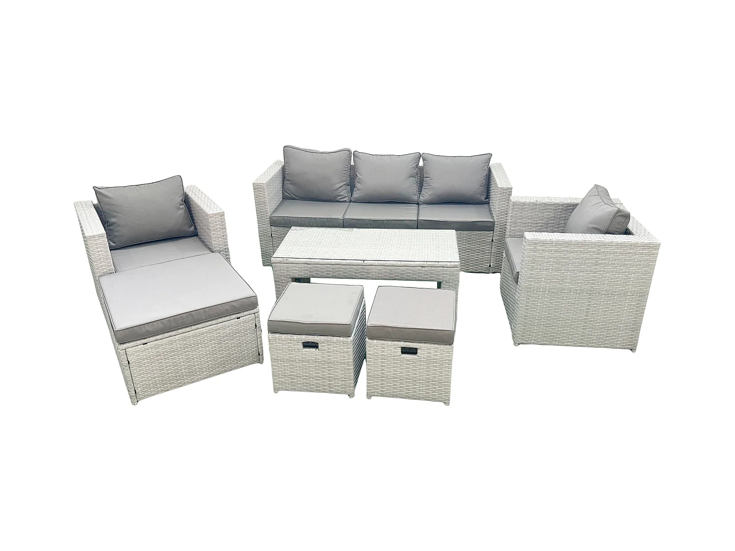 Salon de jardin 8 places Canapé de jardin Table basse oblongue avec 2 Chaises 3 Tabourets Gris clair mixte