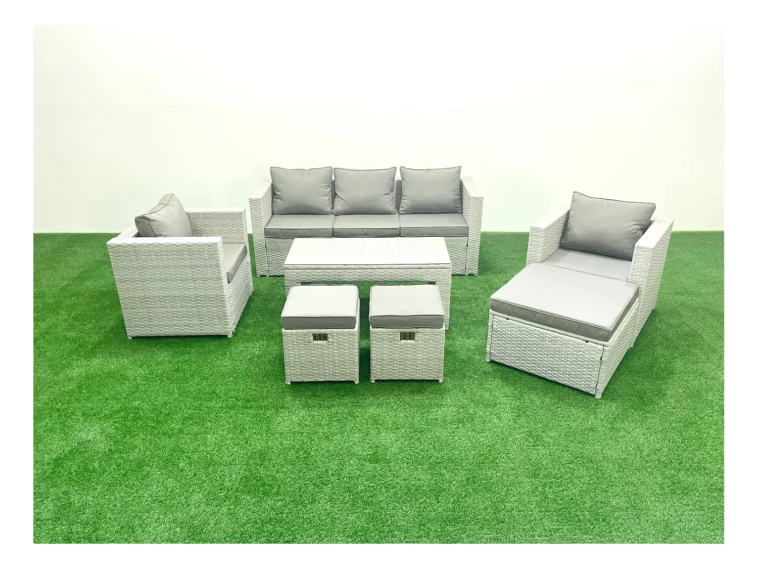 Salon de jardin 8 places Canapé de jardin Table basse oblongue avec 2 Chaises 3 Tabourets Gris clair mixte