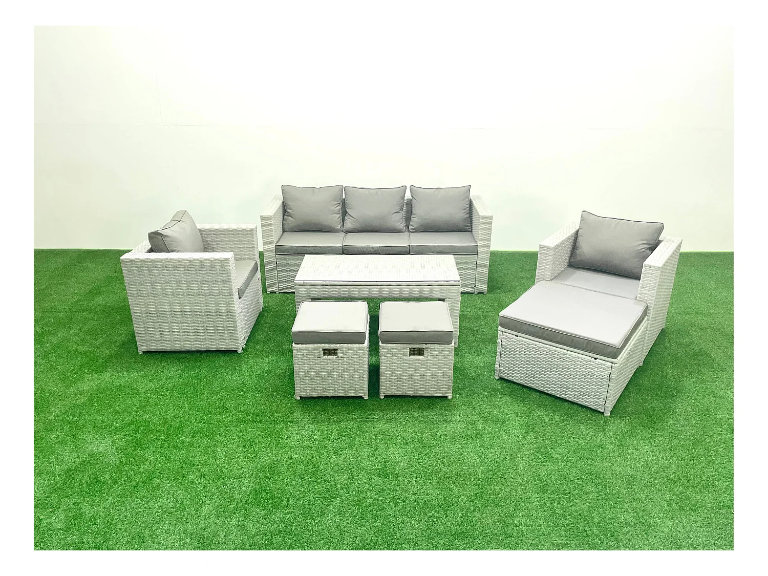 Salon de jardin 8 places Canapé de jardin Table basse oblongue avec 2 Chaises 3 Tabourets Gris clair mixte