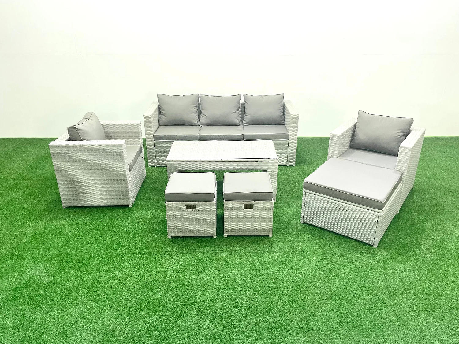 Polyrattan Gartenmöbel Set 8-Sitzer Outdoor Garten Sofa Rechteckiger Couchtisch Set mit 2 Sesseln 3 Hockern Hellgrau gemischt