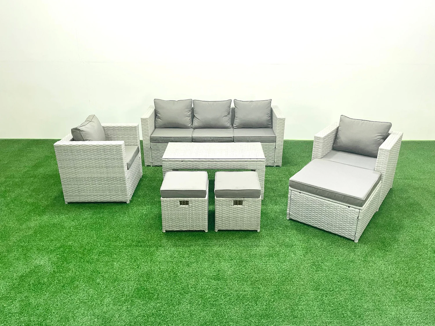 Polyrattan Gartenmöbel Set 8-Sitzer Outdoor Garten Sofa Rechteckiger Couchtisch Set mit 2 Sesseln 3 Hockern Hellgrau gemischt