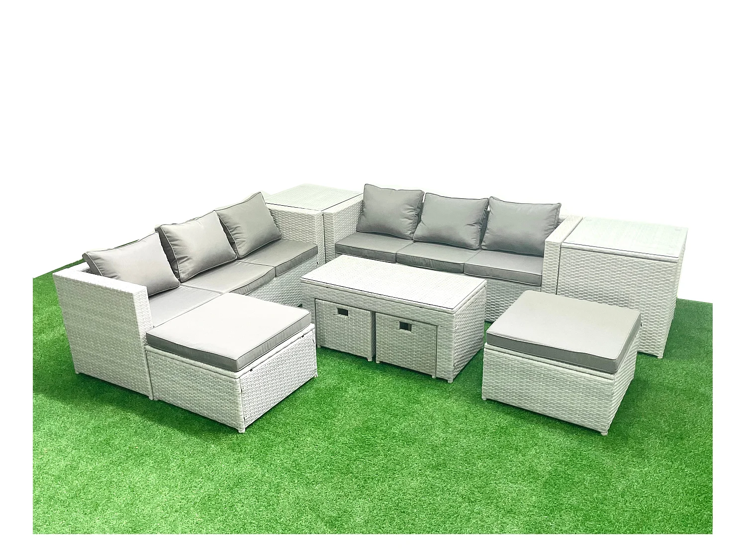 Polyrattan Gartenmöbelset mit Graue Kissen 10-Sitzer mit Couchtisch und 2 Beistelltischen