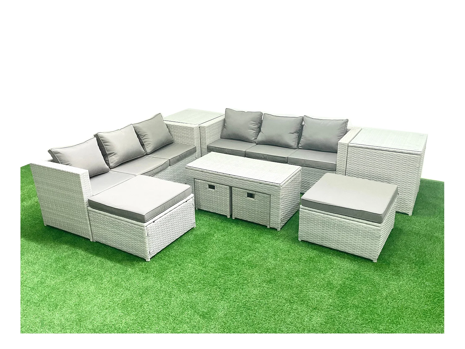 Polyrattan Gartenmöbelset mit Graue Kissen 10-Sitzer mit Couchtisch und 2 Beistelltischen