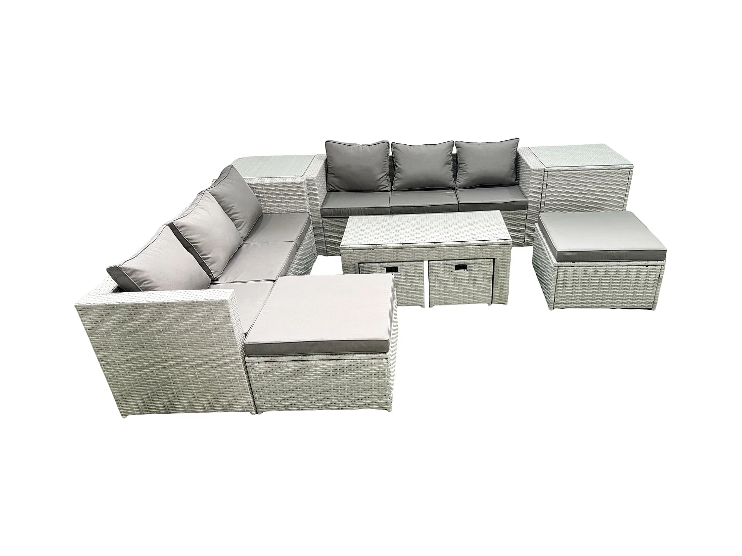 Salon de Jardin Ensemble avec Coussins gris 10 places avec Table basse et 2 Tables d'appoint
