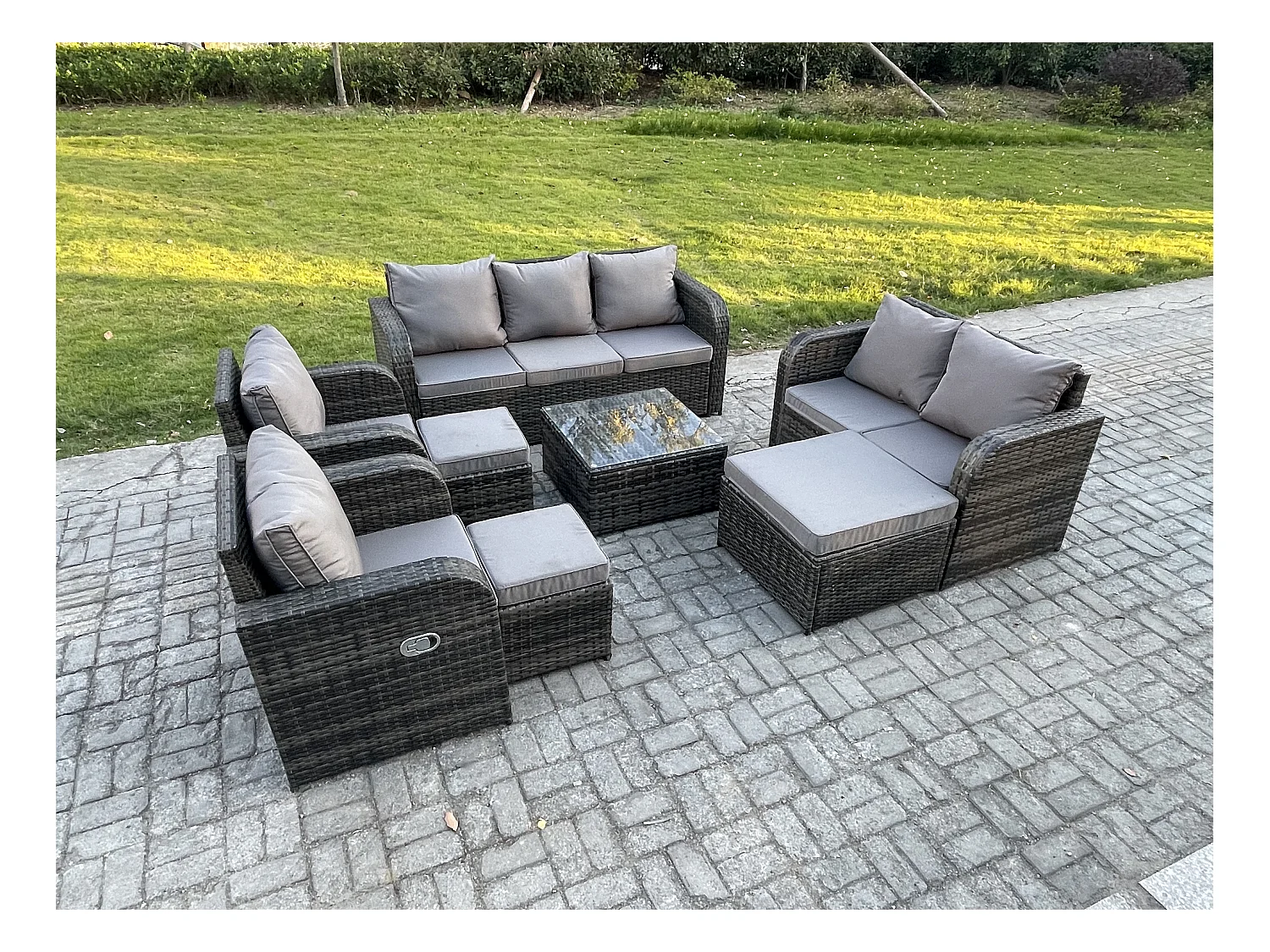 10-Sitzer Gartenmöbelset Rattan Garten Sofa im Freien Sessel mit Gehärteter Glastisch 3 Hockern Dunkelgrau Gemischt