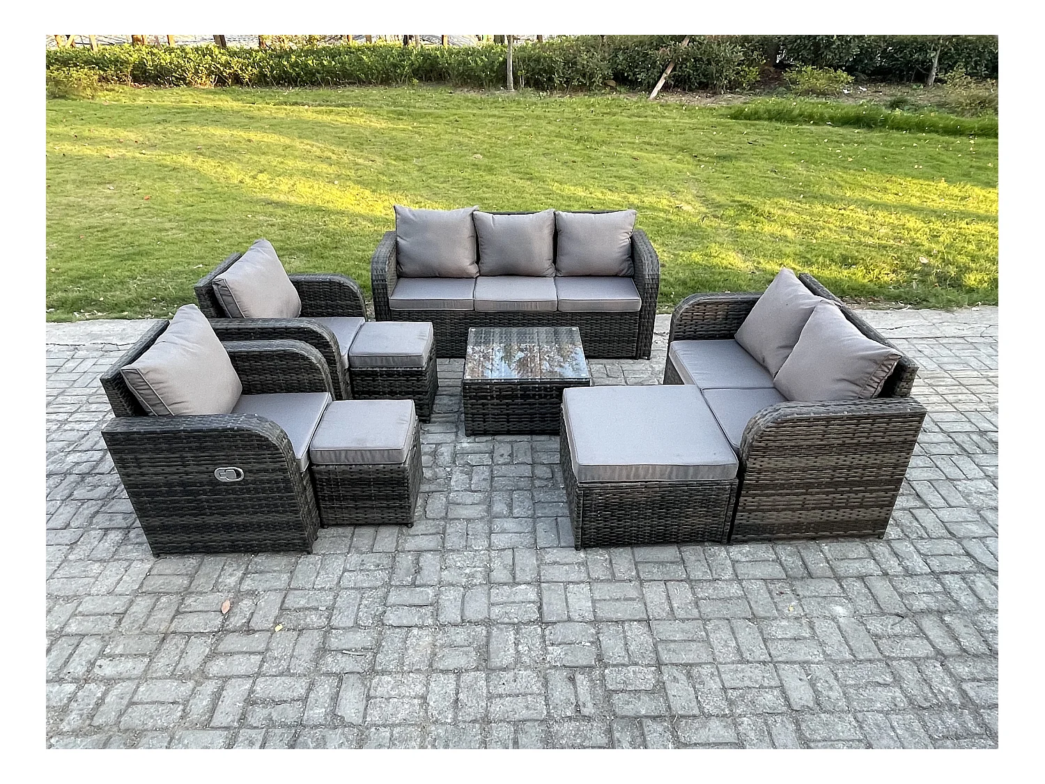 10-Sitzer Gartenmöbelset Rattan Garten Sofa im Freien Sessel mit Gehärteter Glastisch 3 Hockern Dunkelgrau Gemischt