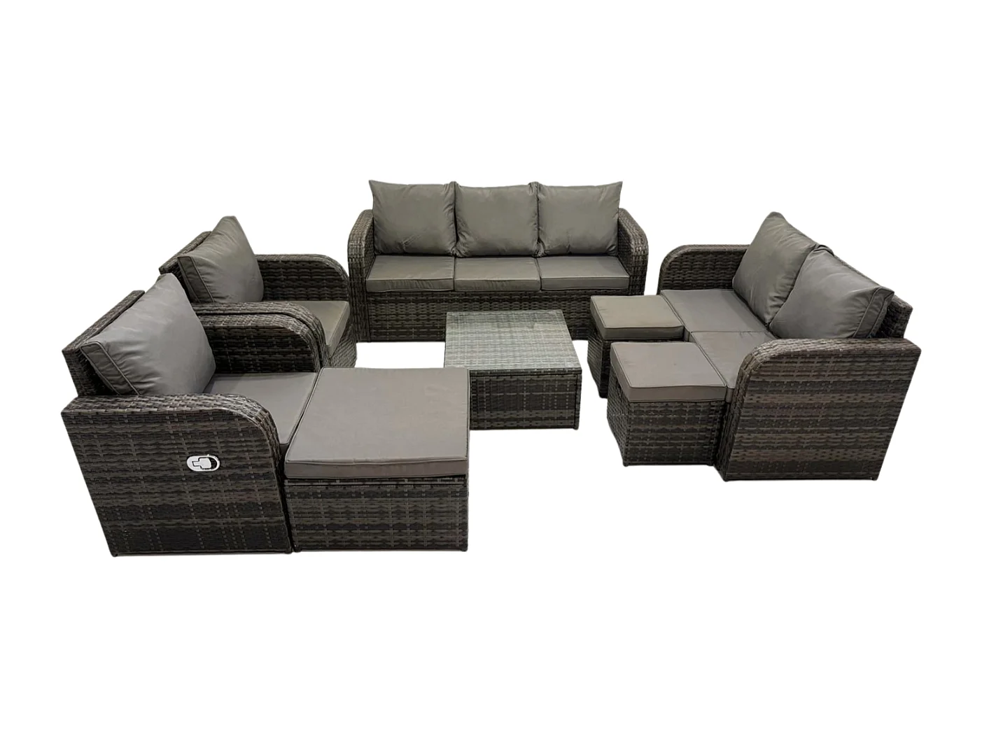 10 places Ensemble de meubles de jardin Rattan Outdoor Canapé Lounge Fauteuil avec Table basse carrée 3 Tabourets Gris foncé mixte