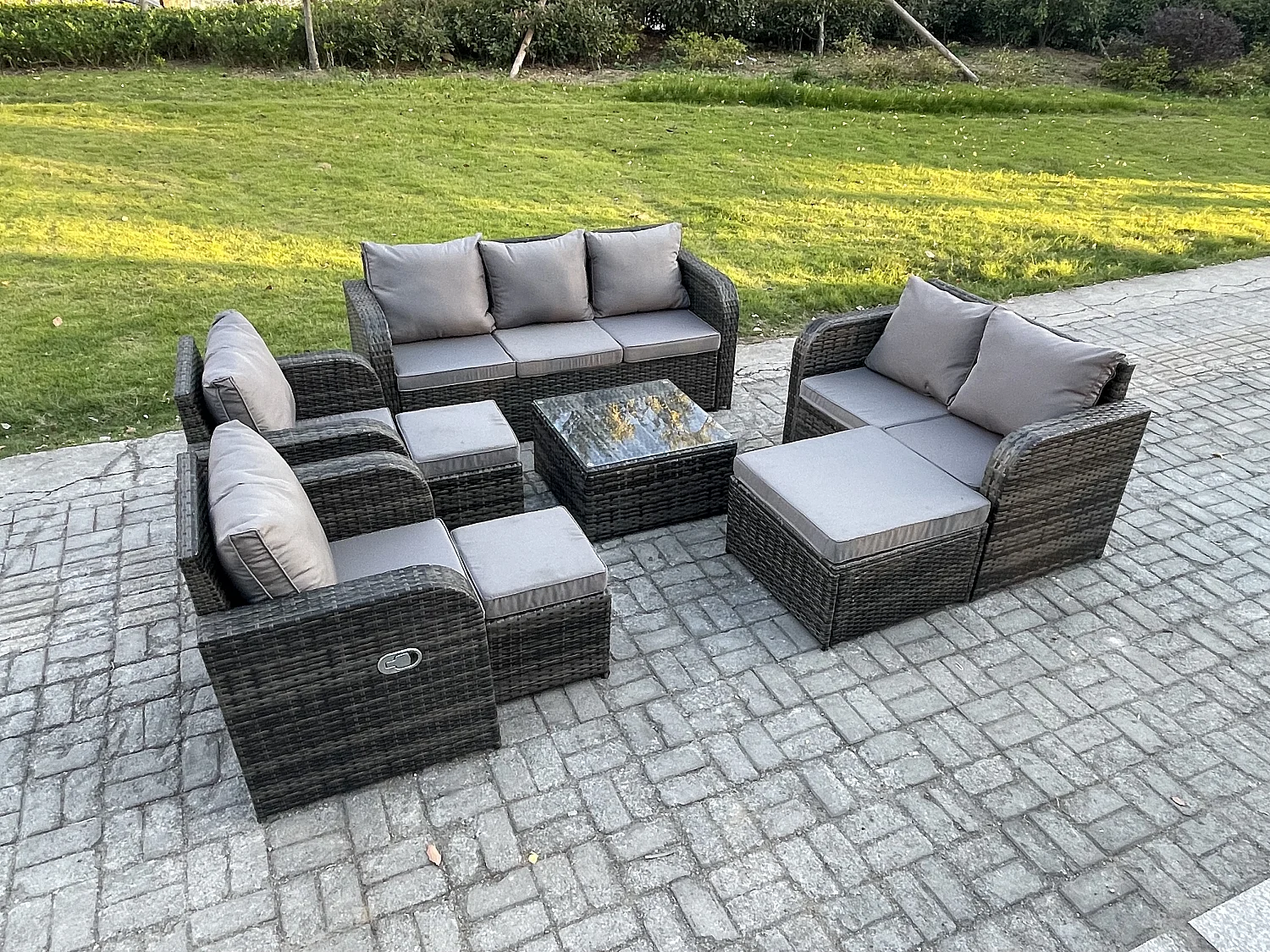 10 places Ensemble de meubles de jardin Rattan Outdoor Canapé Lounge Fauteuil avec Table basse carrée 3 Tabourets Gris foncé mixte