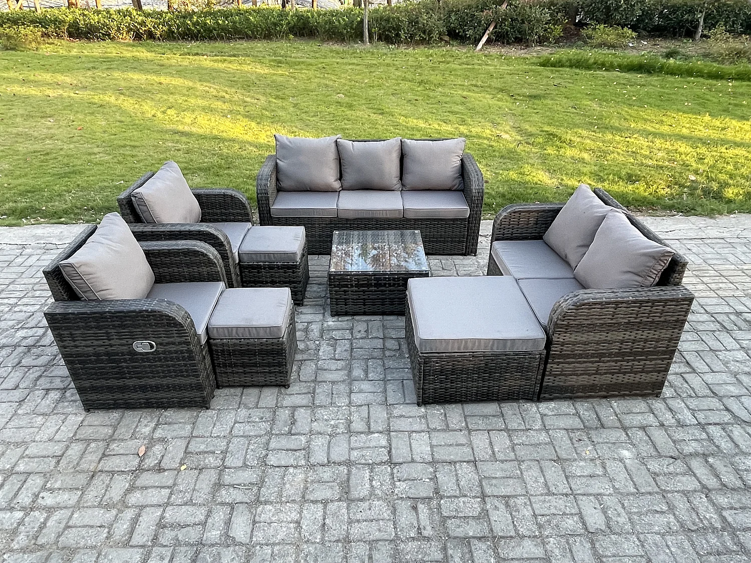 10 places Ensemble de meubles de jardin Rattan Outdoor Canapé Lounge Fauteuil avec Table basse carrée 3 Tabourets Gris foncé mixte