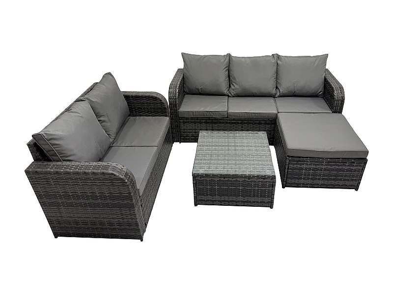 Polyrattan Gartenmöbel Sets 6-Sitzer Garten Sofa im Freien Set Quadratischer Couchtisch 2 Großer Hockern