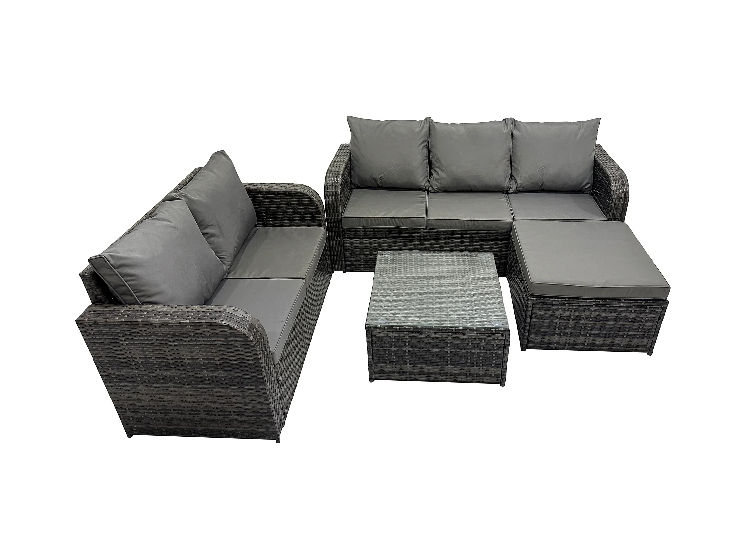Polyrattan Gartenmöbel Sets 6-Sitzer Garten Sofa im Freien Set Quadratischer Couchtisch 2 Großer Hockern