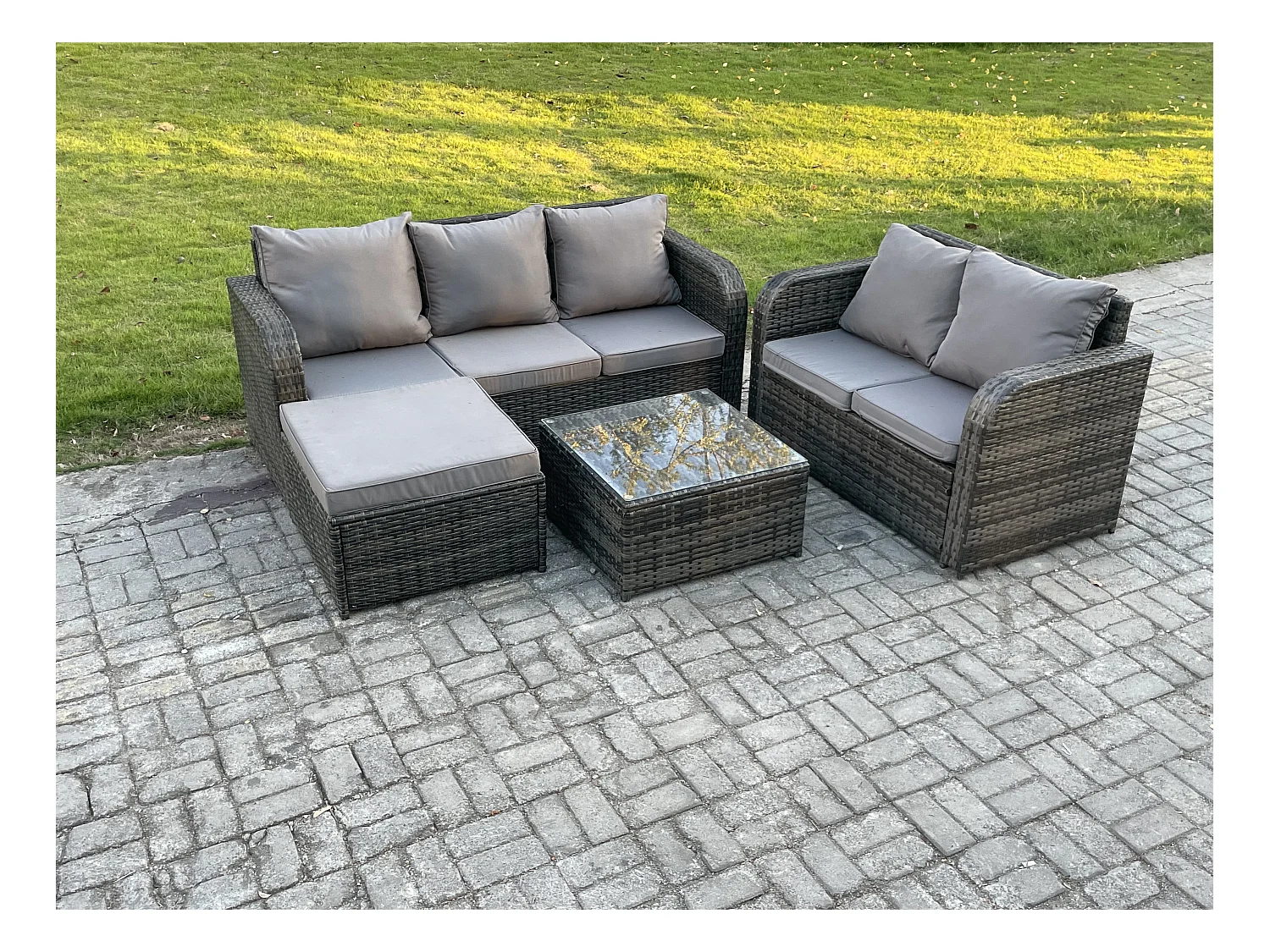 Polyrattan Gartenmöbel Sets 6-Sitzer Garten Sofa im Freien Set Quadratischer Couchtisch 2 Großer Hockern