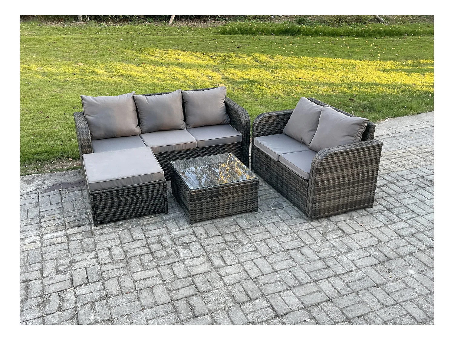 Polyrattan Gartenmöbel Sets 6-Sitzer Garten Sofa im Freien Set Quadratischer Couchtisch 2 Großer Hockern