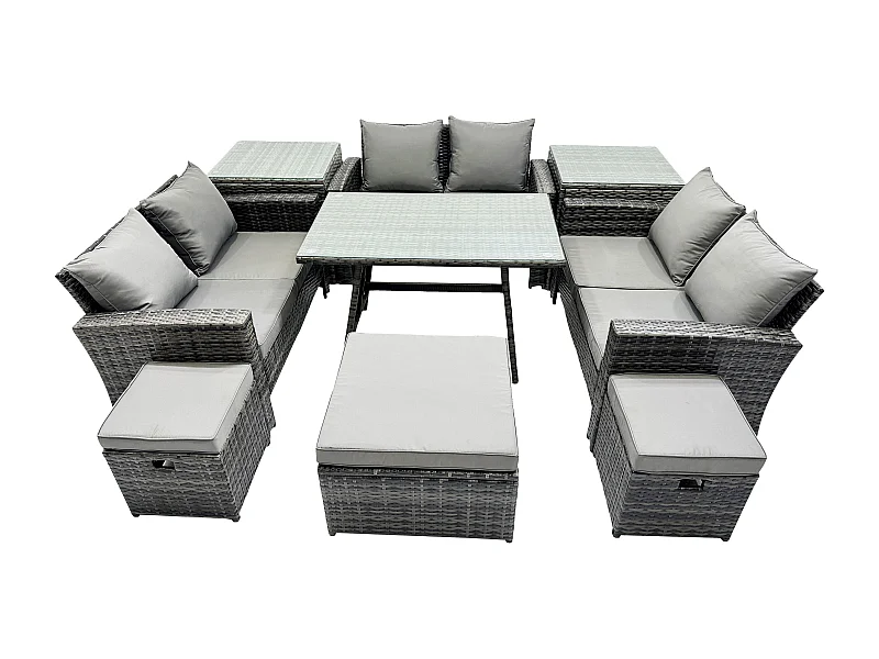 Salon de jardin avec Table à manger rectangulaire Canapé 2 places 3 Tabourets 2 Tables d'appoint Gris foncé mixte