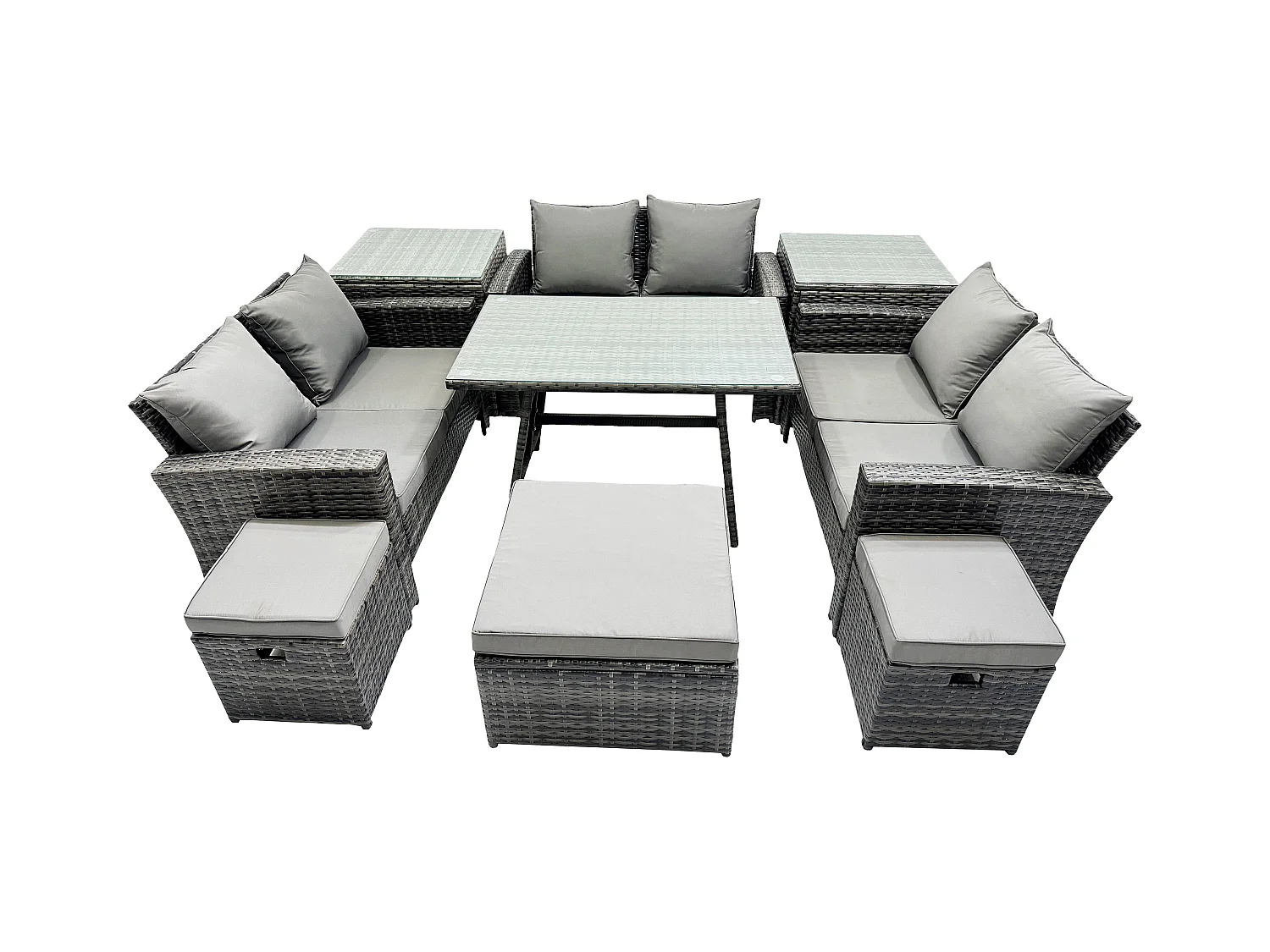 Salon de jardin avec Table à manger rectangulaire Canapé 2 places 3 Tabourets 2 Tables d'appoint Gris foncé mixte