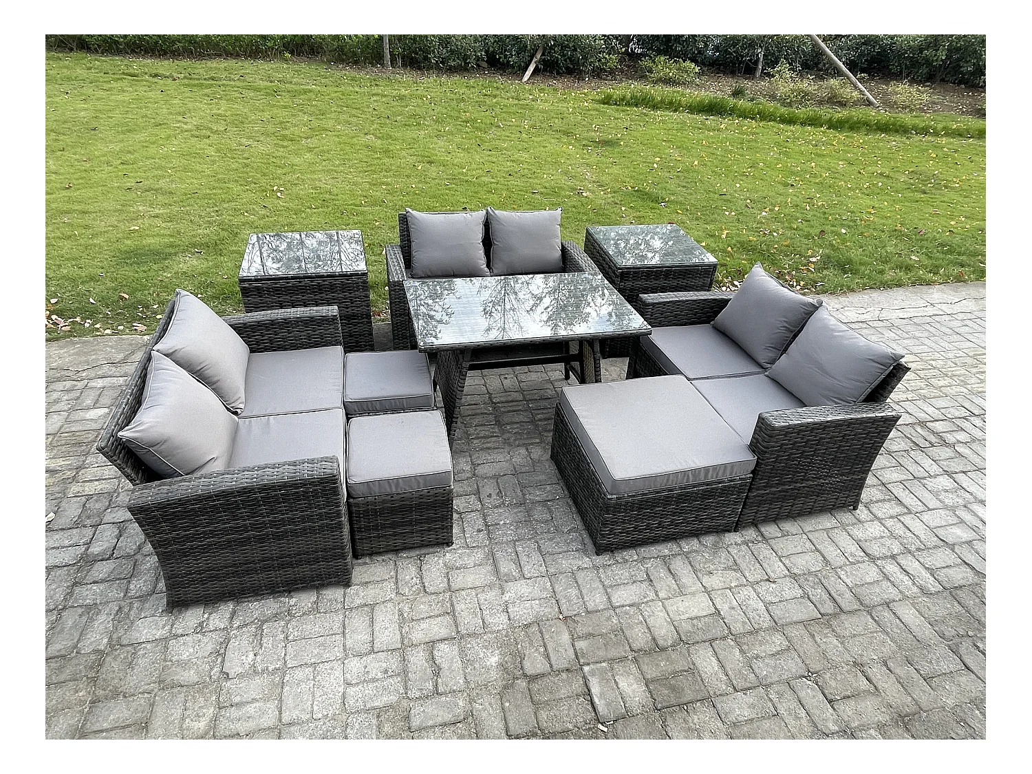 Salon de jardin avec Table à manger rectangulaire Canapé 2 places 3 Tabourets 2 Tables d'appoint Gris foncé mixte