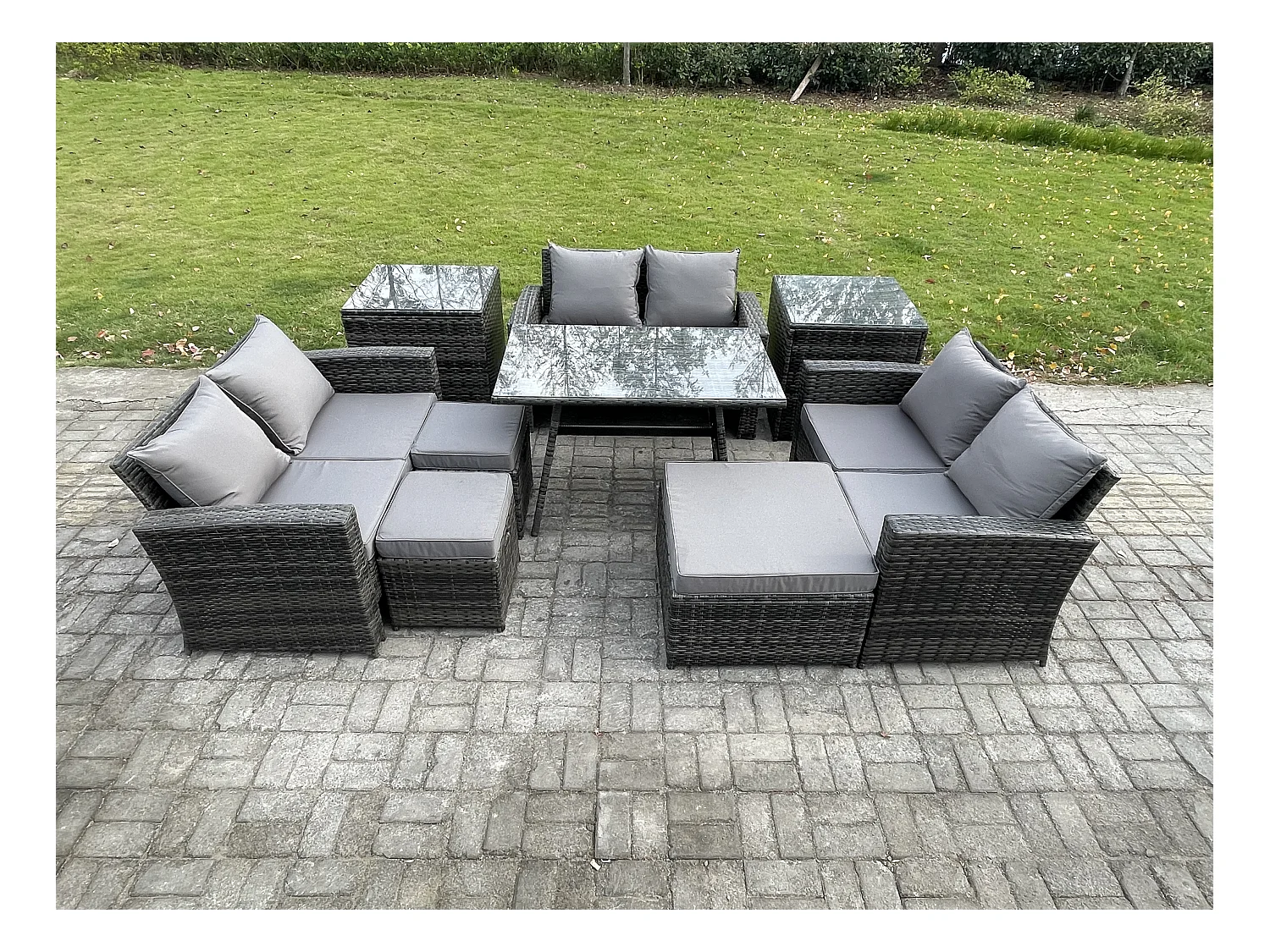 Salon de jardin avec Table à manger rectangulaire Canapé 2 places 3 Tabourets 2 Tables d'appoint Gris foncé mixte