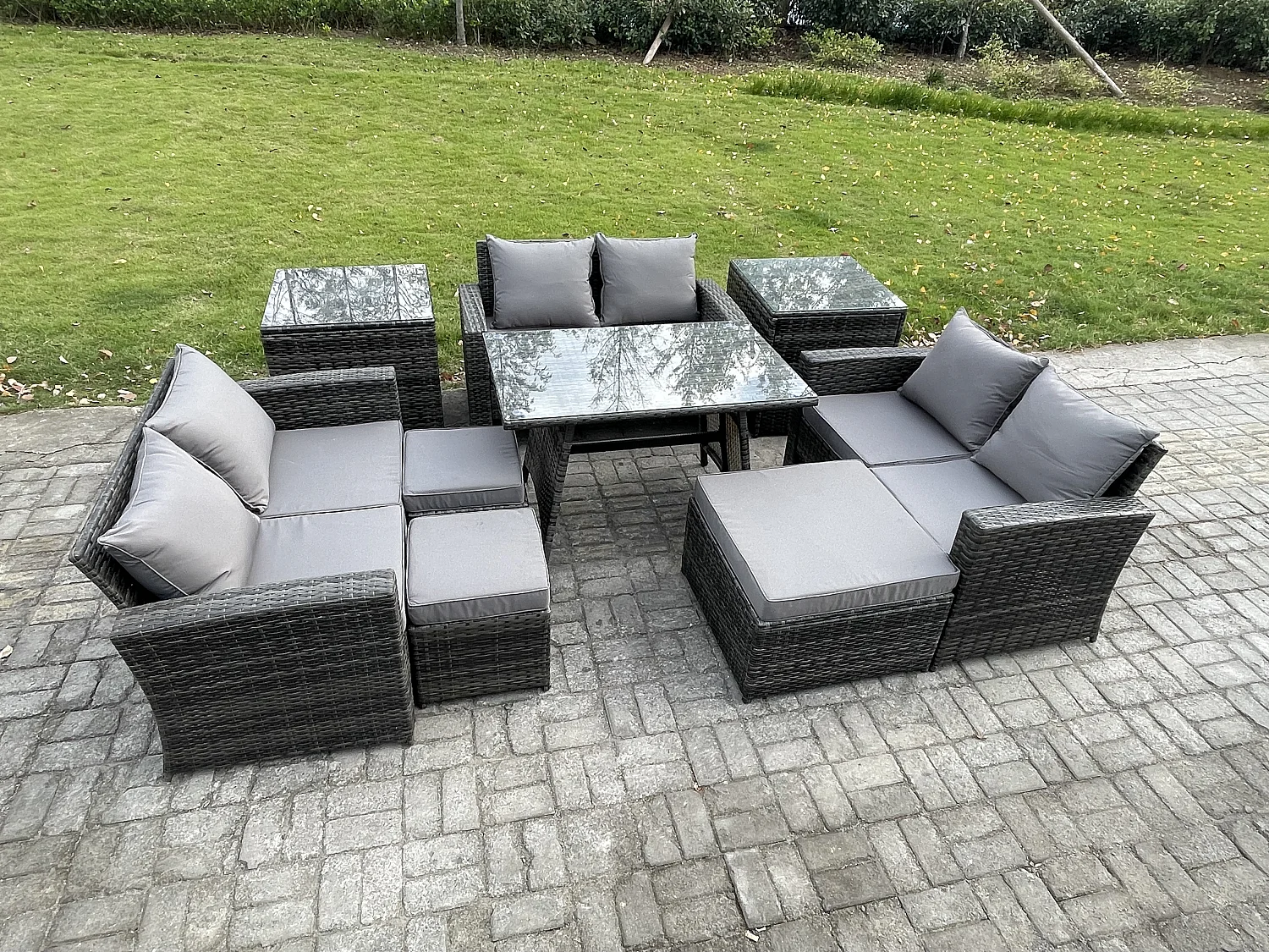 Garten Sofa im Freien Set Polyrattan Gartenmöbel Set mit Rechteckiger Esstisch 2 Seat Sofa 3 Hockern 2 Beistelltischen Dunkelgrau Gemischt