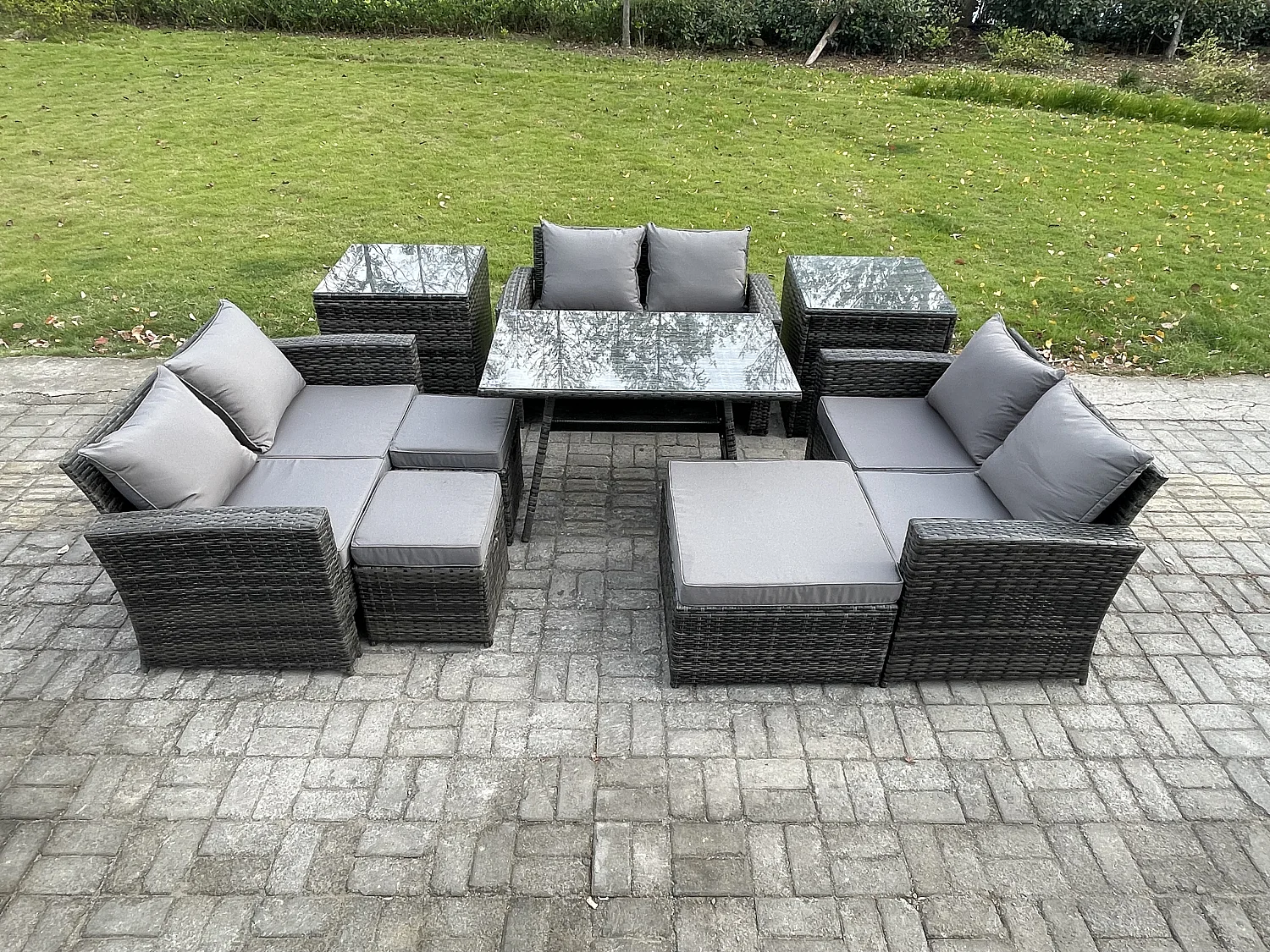 Garten Sofa im Freien Set Polyrattan Gartenmöbel Set mit Rechteckiger Esstisch 2 Seat Sofa 3 Hockern 2 Beistelltischen Dunkelgrau Gemischt