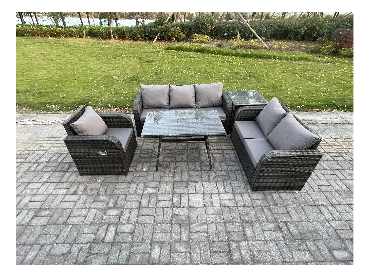 6 places Salon de jardin exterieur Ensemble de canapés en rotin avec Table à manger Table d'appoint Gris foncé mixte