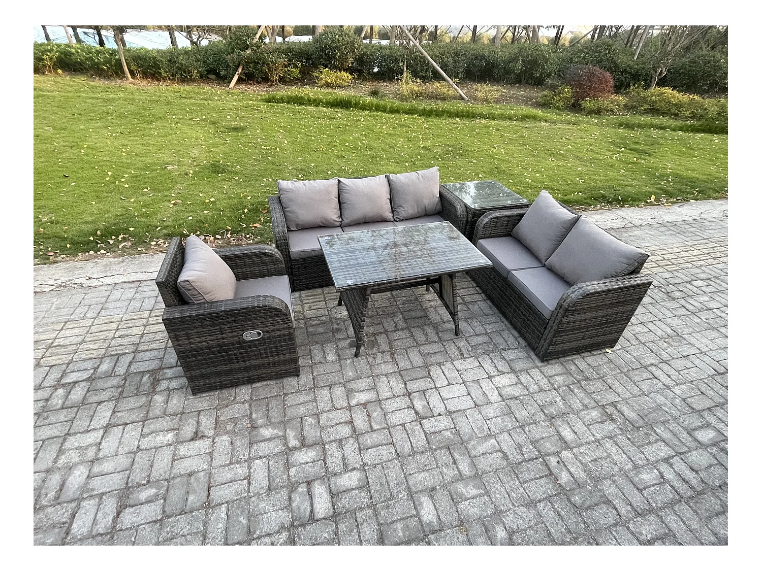 6 places Salon de jardin exterieur Ensemble de canapés en rotin avec Table à manger Table d'appoint Gris foncé mixte