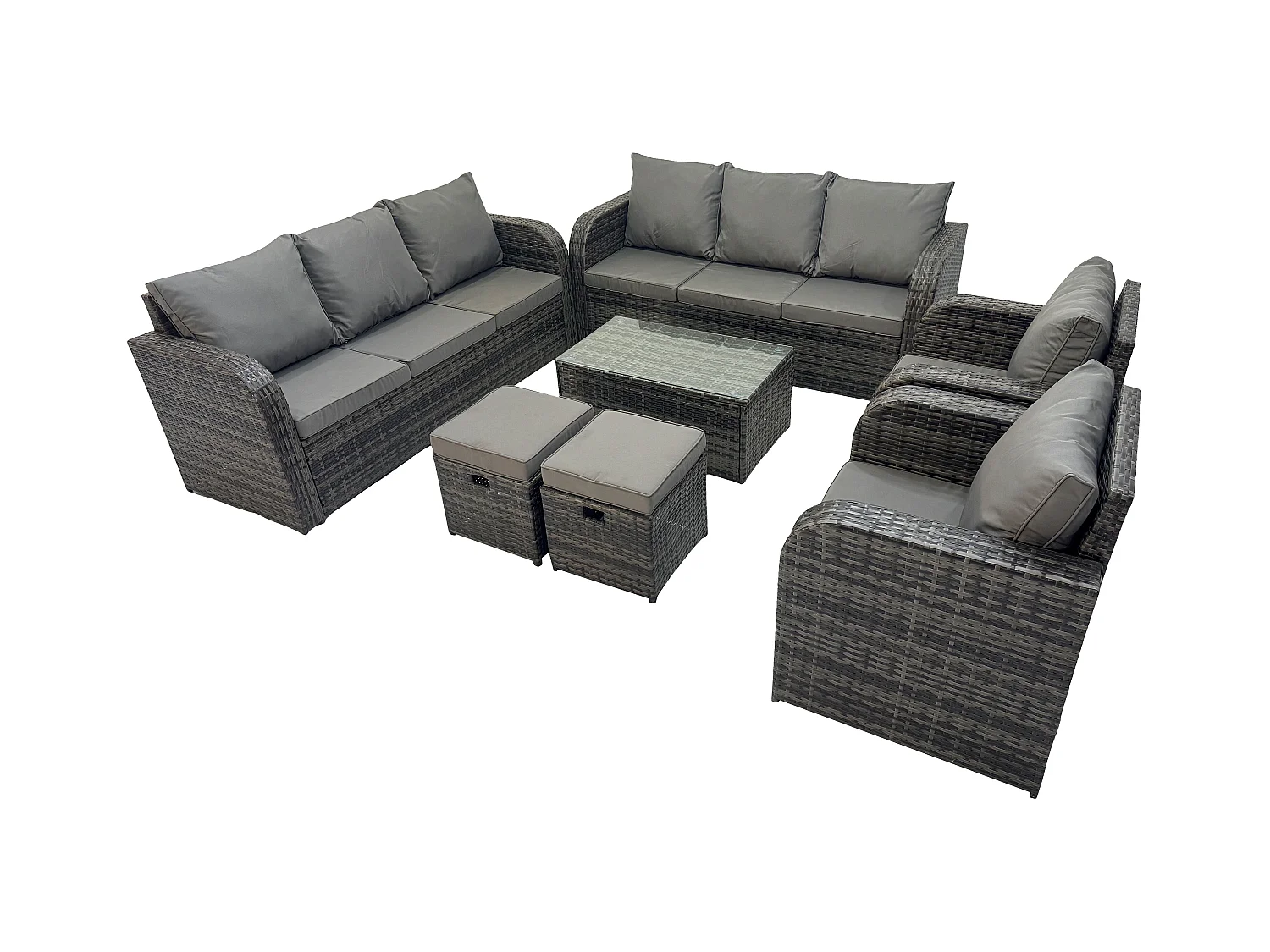 Rattan Gartenmöbel Sofa Set Tisch & Stühle Set mit 3-Sitzer Sofa Liegestühle 2 kleine Fußhockern Dunkelgrau Gemischt