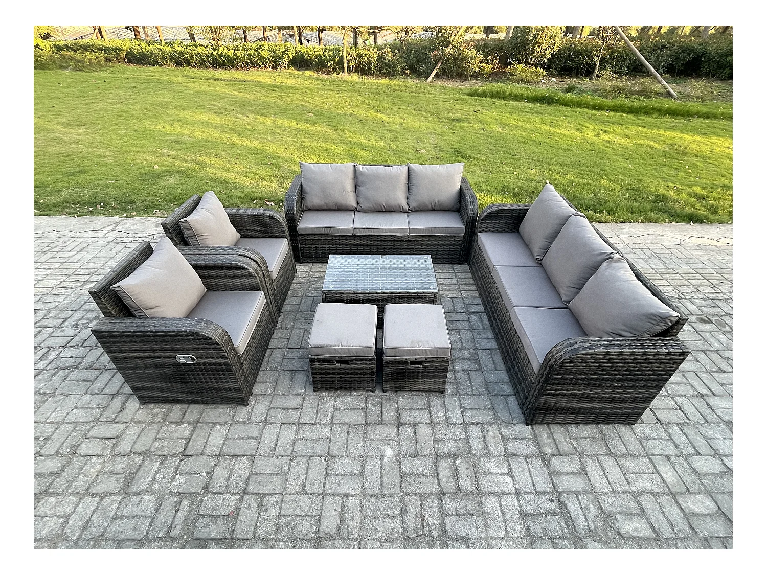 Rattan Gartenmöbel Sofa Set Tisch & Stühle Set mit 3-Sitzer Sofa Liegestühle 2 kleine Fußhockern Dunkelgrau Gemischt