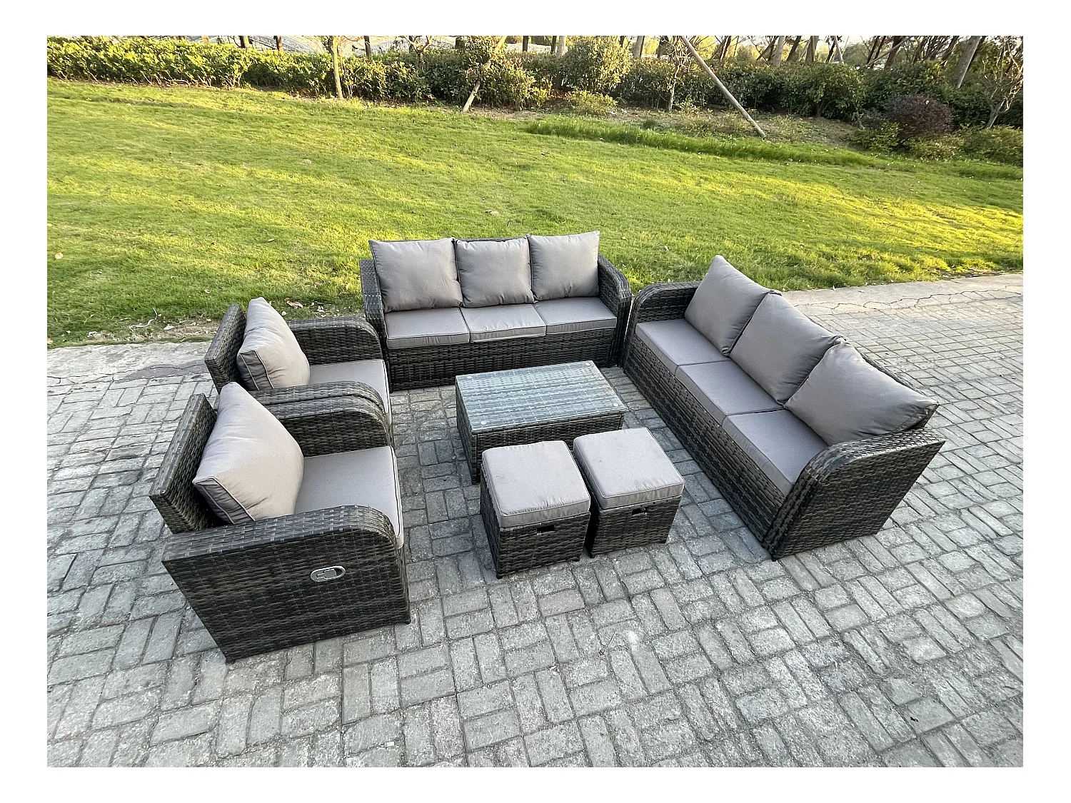 Rattan Gartenmöbel Sofa Set Tisch & Stühle Set mit 3-Sitzer Sofa Liegestühle 2 kleine Fußhockern Dunkelgrau Gemischt