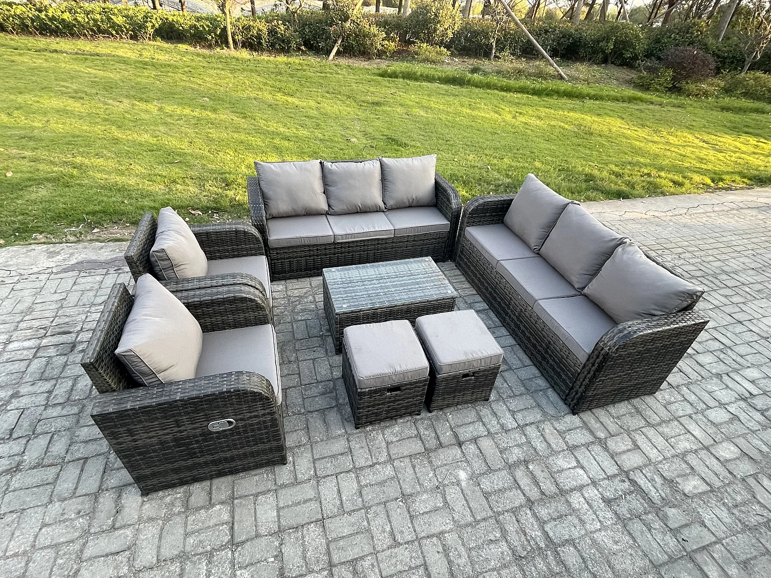 Ensemble de canapés en rotin avec Canapé 3 places Chaise inclinable 2 Petits tabourets Gris foncé mixte