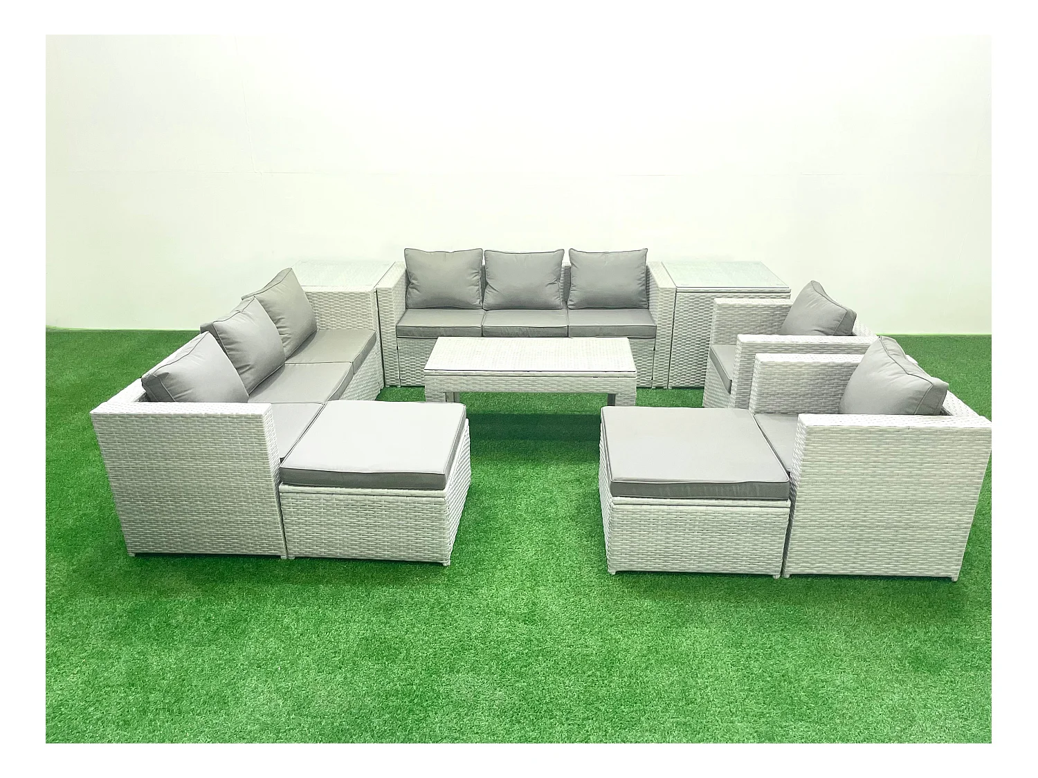 Ensembles de meubles d'extérieur avec 2 Fauteuil Table basse oblongue 2 Grand tabourets 2 Tables d'appoint Gris clair mixte