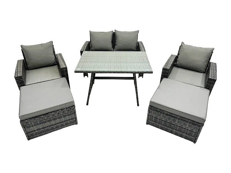 Garten Esstisch Set Polyrattan Outdoor Möbel Sofa mit Rechteckiger Esstisch Doppelsitz Sofa 2 hohen Hockern 2 Sesseln Dunkelgrau Gemischt